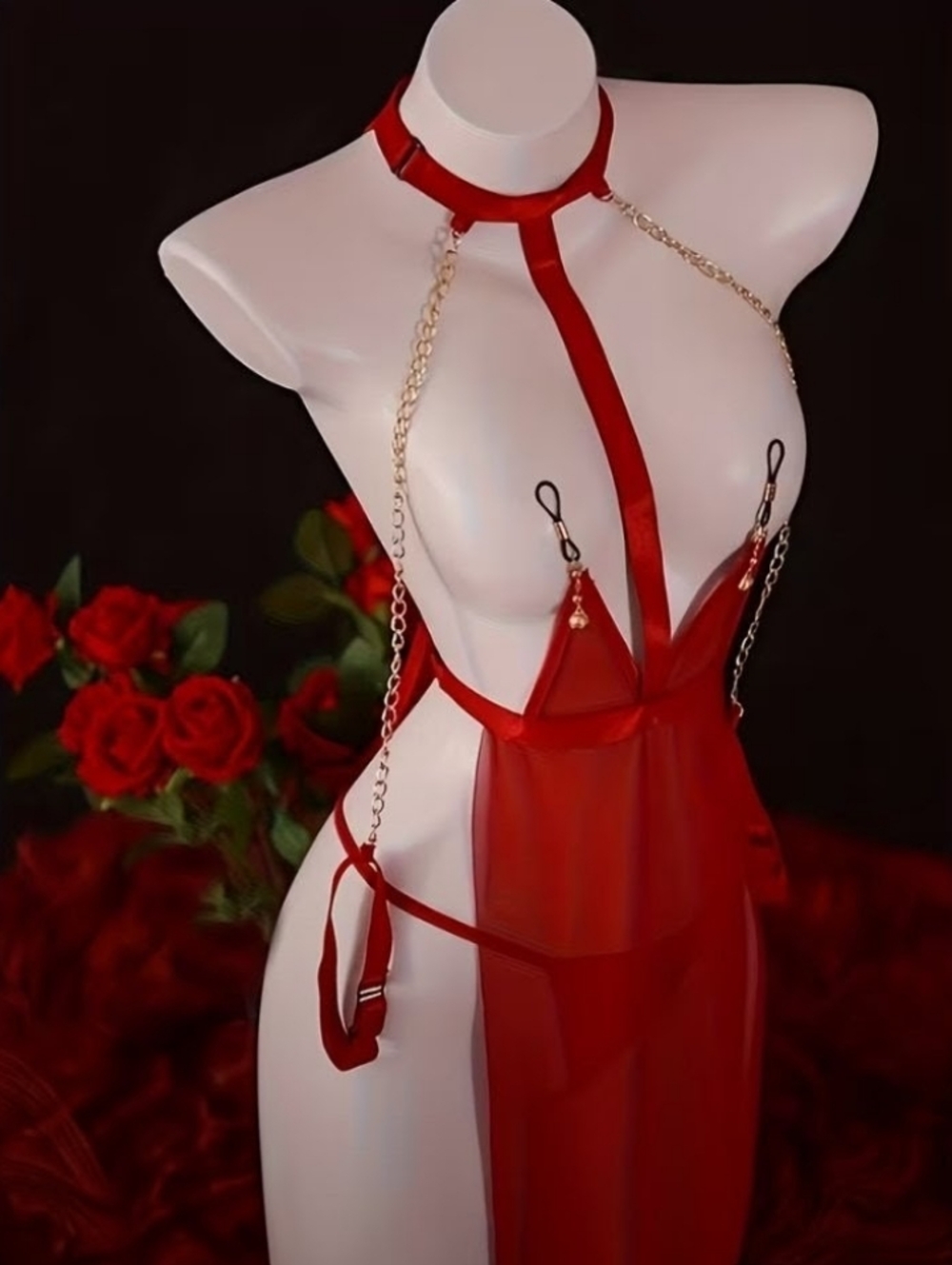 Red Sheer Halter Lingerie with Gold Chain Accents
